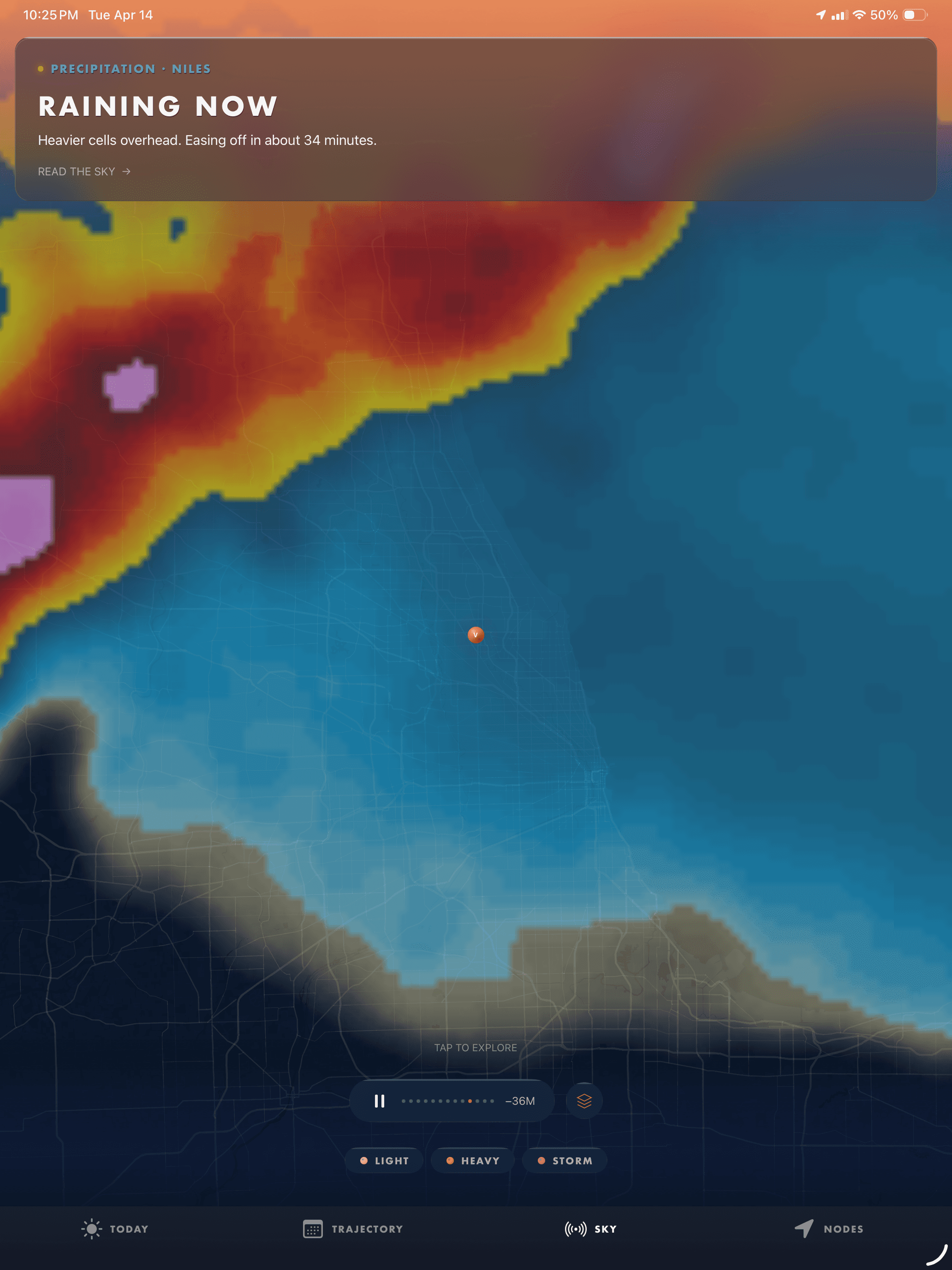 Vesper Sky radar showing heavy precipitation cells with RAINING NOW banner
