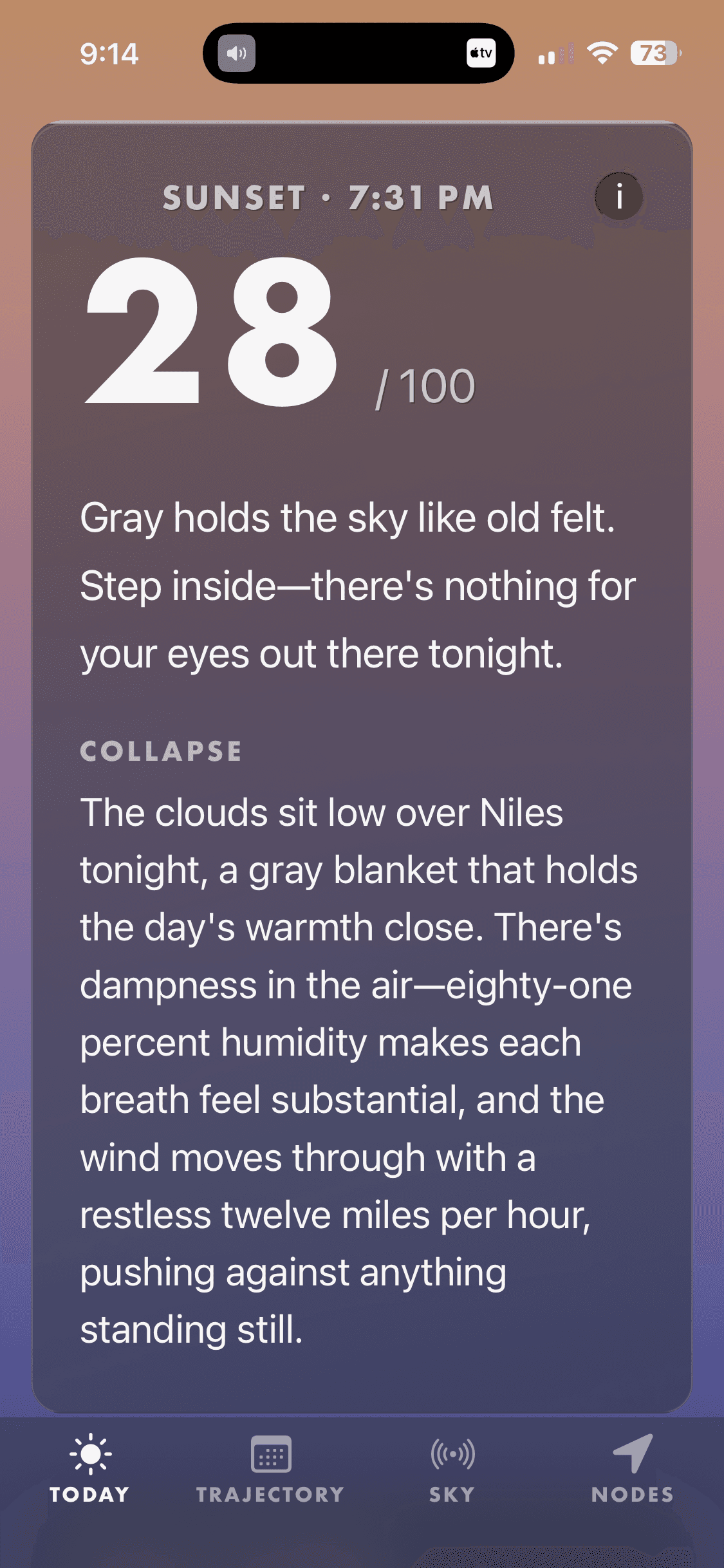 Vesper Sky tab showing tonight's sunset brief: 28/100, Collapse — Gray holds the sky like old felt
