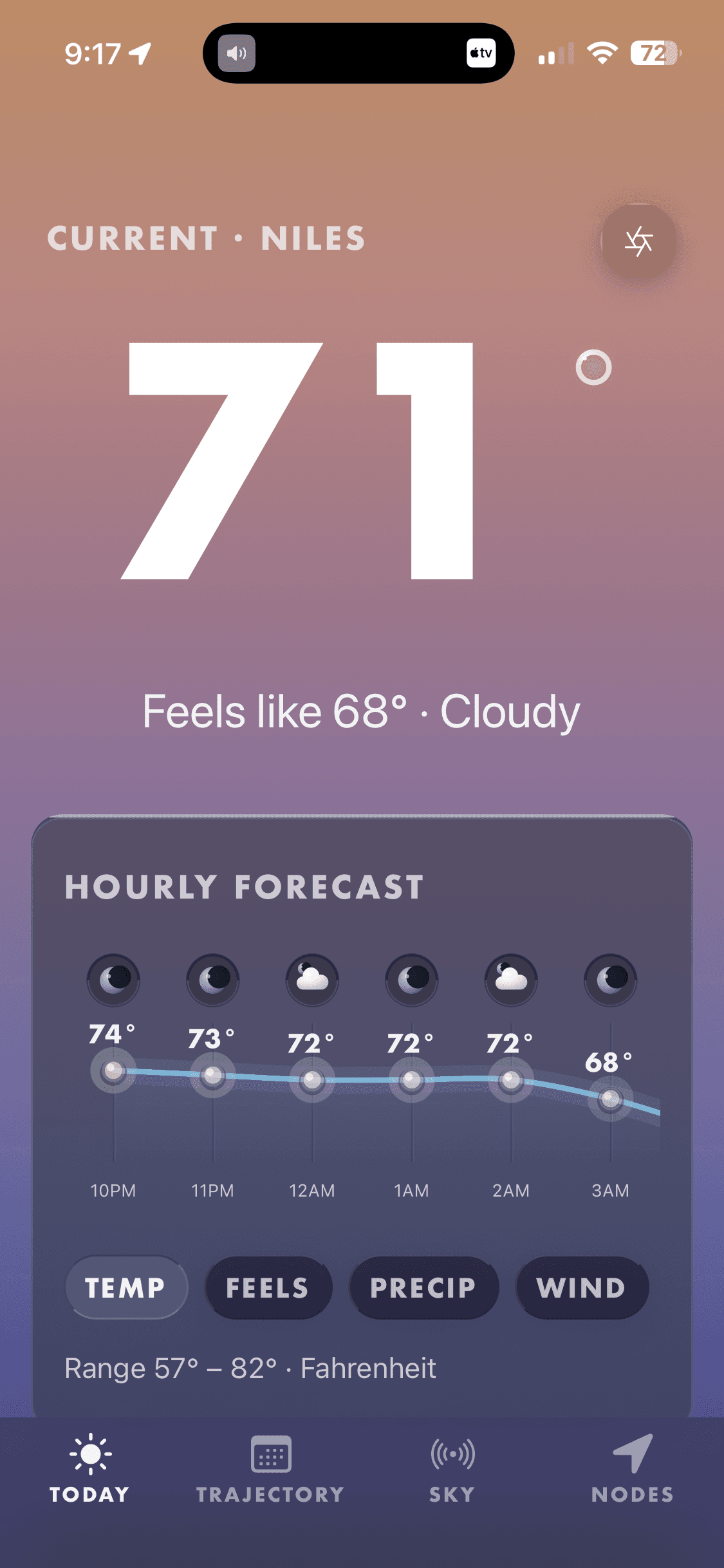 Vesper Today screen showing 71° cloudy weather with hourly forecast