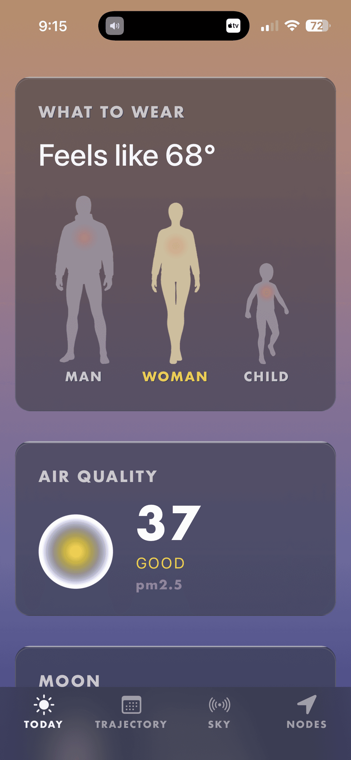 Vesper Sky What to Wear showing three mannequin figures with the woman selected at feels-like 68 degrees